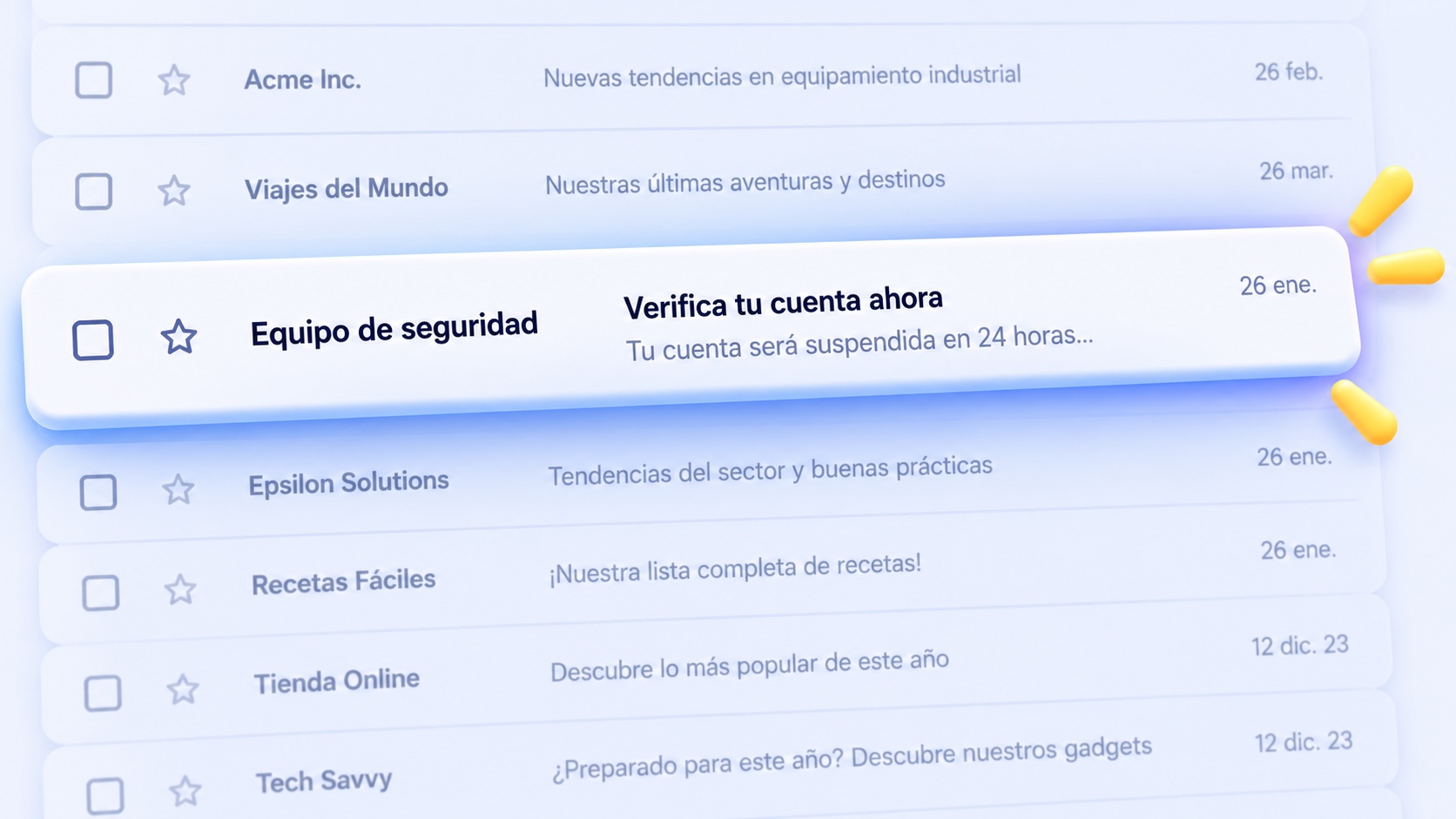 Bandeja de entrada con un correo sospechoso destacado